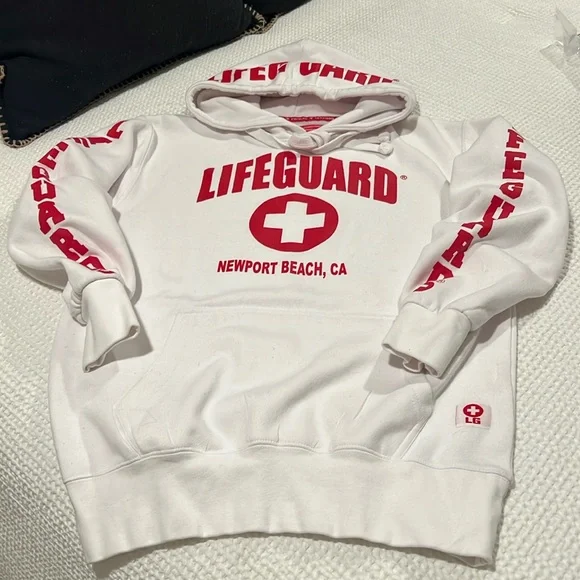 Lifeguard Officially Licensed Newport Beach CA Unisex White Red Hoodie EUC Small - Picture 4 of 12